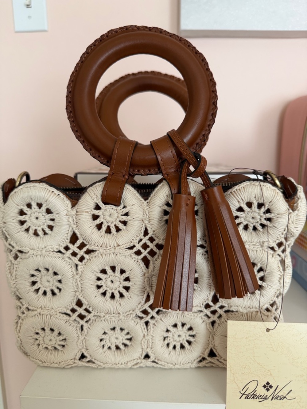 Patricia Nash Cream Crochet Mini Bag with Brown Leather Handles